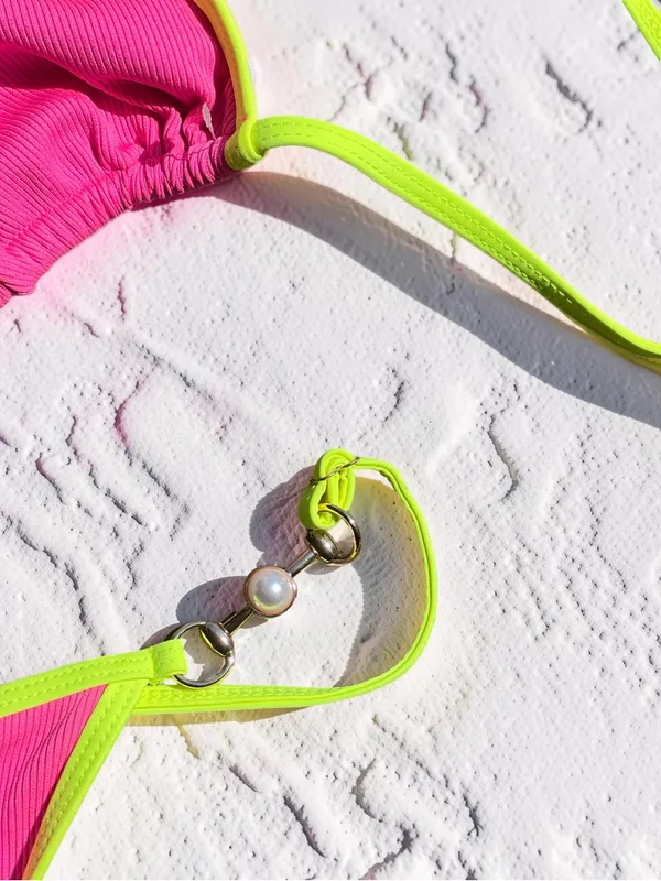 Hot Pink & Neon Yellow Pearl Accent Bikini Set Small - Image 10