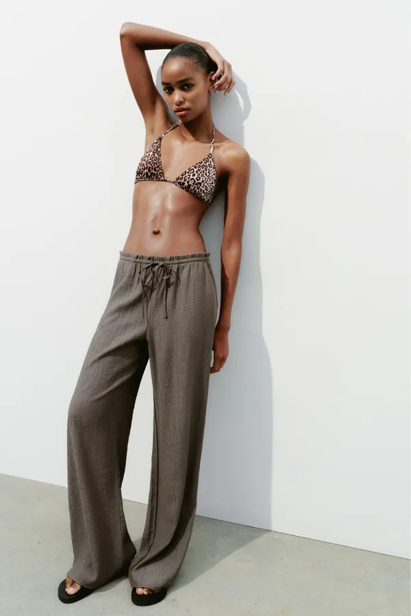 Zara Dark Olive Green Textured Loose Flowy Flare Pants Drawstring Boho Trousers - Image 7