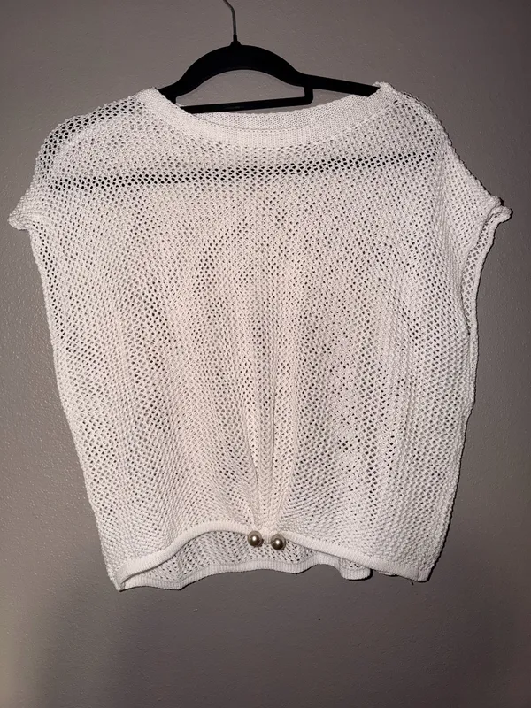 White Open Knit Cropped Sweater Top w/ Pearl Detail - Image 3