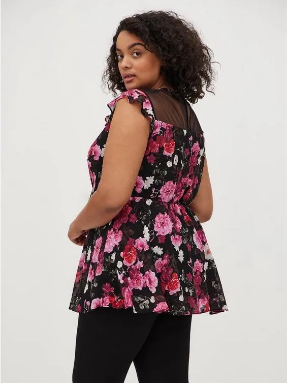 Torrid Peplum Chiffon Clip Dot Crochet Top 00 M/L 10 Black Floral - Image 3