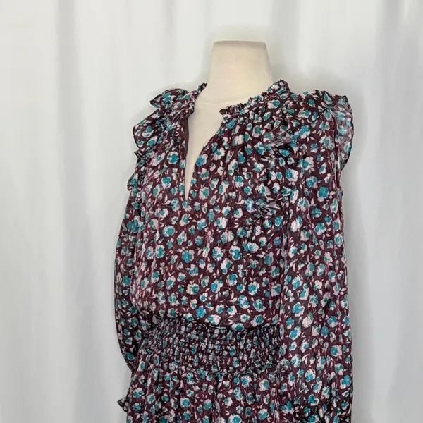 RAMY BROOK Silk Penelope Dress Roco Floral Mini Ruffled Smocked Purple Teal XS - Image 7