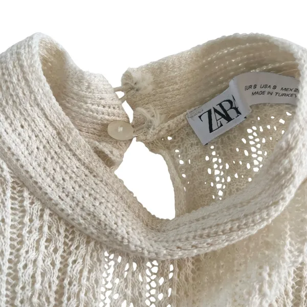 Zara Romantic Sheer Knit Top Lace Trim High Neck Keyhole Back Long Sleeve Size S - Image 7