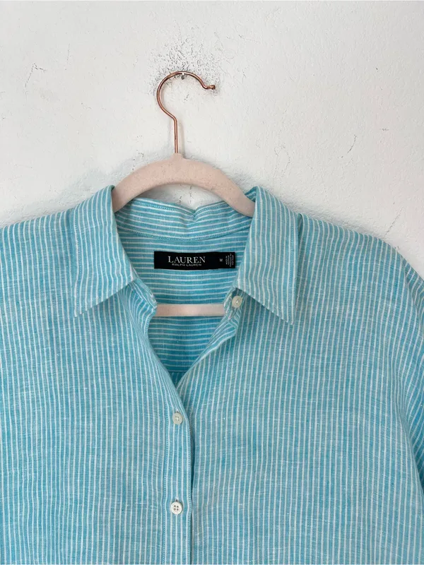 Lauren Ralph Lauren Blue Striped 100% Linen Button Down Blouse Women's Medium - Image 5