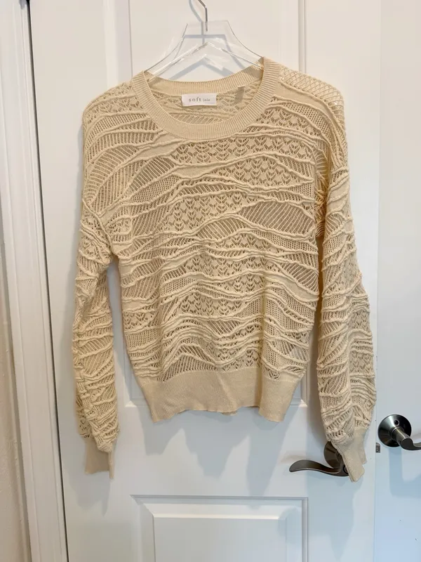 SOFT JOIE Val Crew Neck Sweater in Bleached Sand Beige Lace Textured‎ XXS - Image 4
