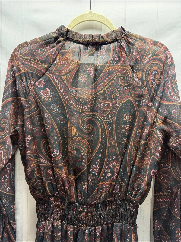 Allison Joy NWT Alexis Black Rust Pine Paisley Print Smocked Waist Midi Dress - Image 6