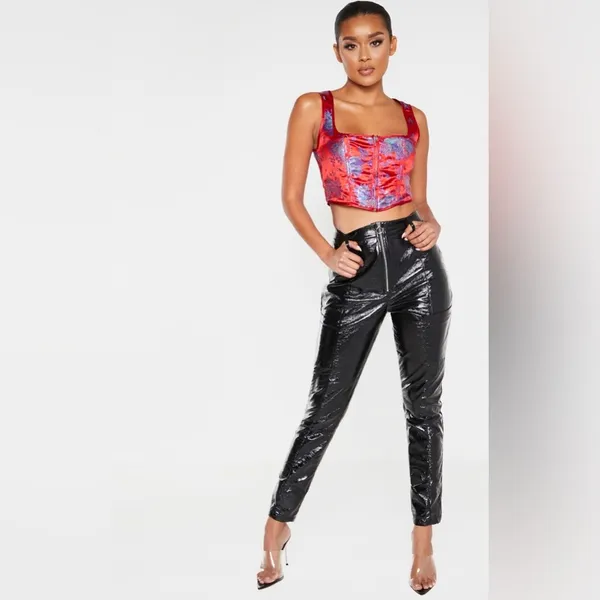 NWOT PrettyLittleThing Red and Blue‎ Satin Oriental Zip Front Corset Crop Top - Image 9
