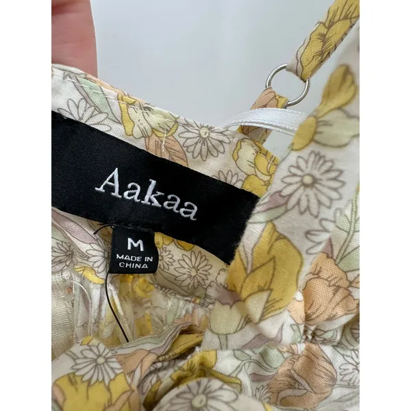 Aakaa Floral Midi Dress M Yellow Deep V Tie Front Tiered Boho Sundress - Image 7