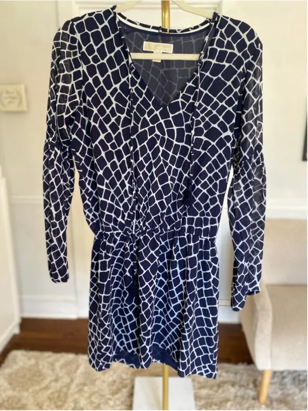 Michael Kors Geometric Mini Dress Navy‎ White Giraffe Boho Quiet Luxury Parisian - Image 2