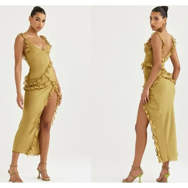 NWOT HOUSE OF CB 'Pixie' Olive Ruffle Maxi Dress sz XL - Image 2