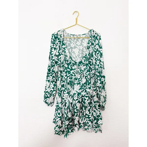 Free People Rebecka Floral Ruffled Mini Dress Size Medium Emerald Green - Image 4