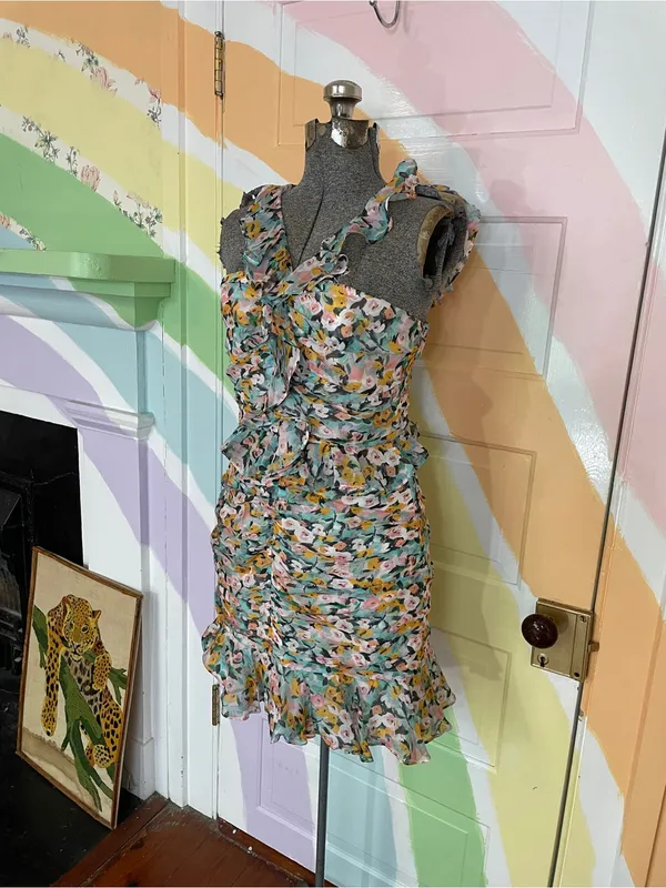 Amur Elyse 100% Silk Chiffon Romantic Ruffle Floral Mini Dress Sz 4 🧡🎀 - Image 5