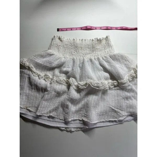 White Smocked Waist Tiered Ruffle Mini Skirt Textured Boho Cottagecore - Image 6