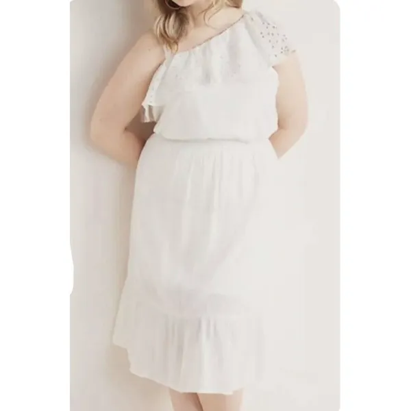Old Navy XXL Dress One Shoulder Eyelet Lace Ruffle Tiered Midi Cream Coastal - Image 2