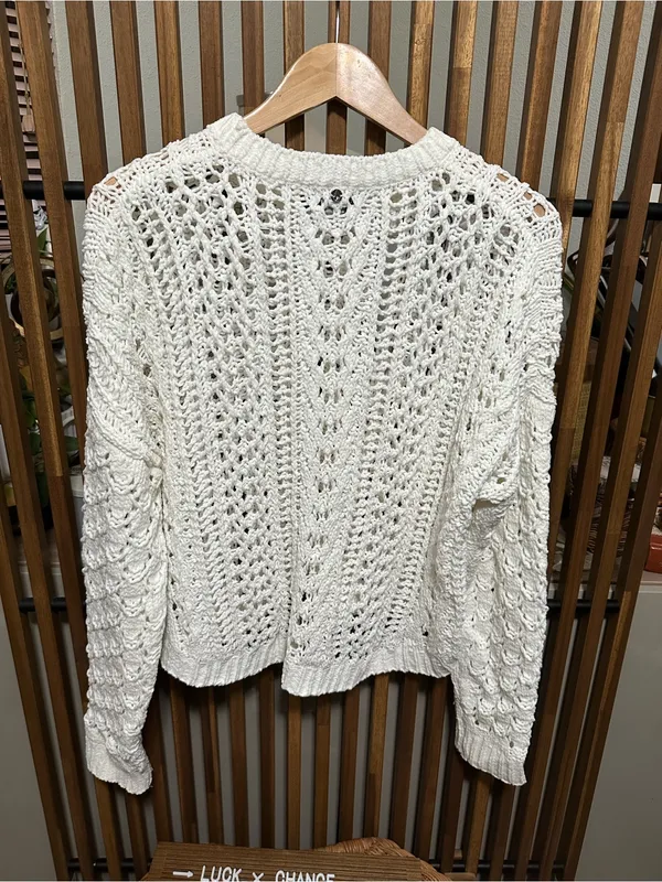 Volcom Cream Open Knit Crochet Pullover Sweater Small Beachy Coastal - Image 5