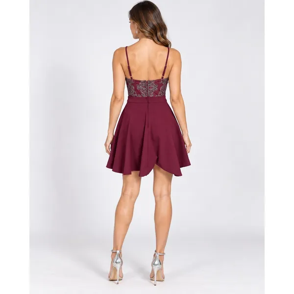 Speechless Burgundy Glitter Lace Fit & Flare Party Dress Size 5 High Neck - Image 2