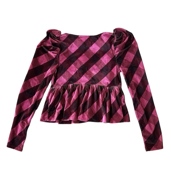 NEW Anthropologie Maeve Velvet Babydoll Plaid Top Pink Purple‎ Size Medium NWT - Image 5