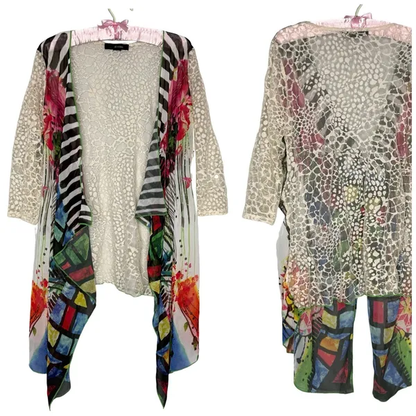 Ali Miles L Tunic Top Artsy Art To Wear Boho Lagenlook Colorful Flowy Lace Sheer - Image 2