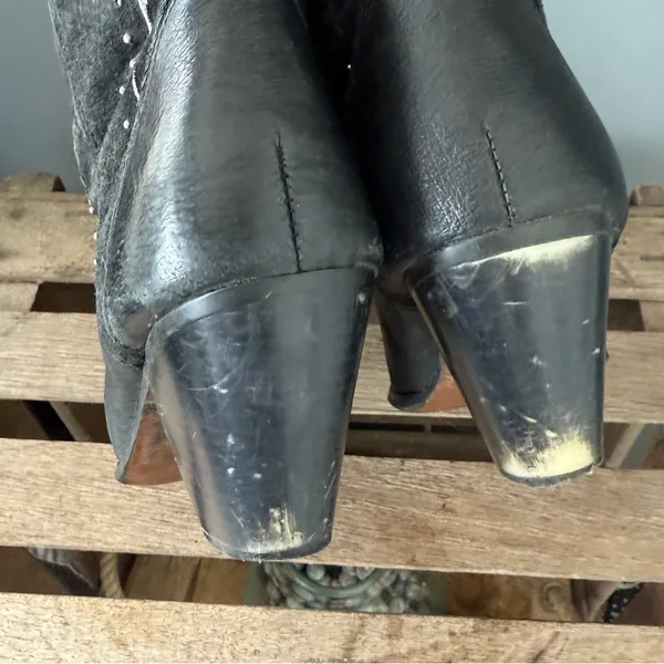 VINTAGE DINGO Embellished Silver Leather‎ Cowboy Black Heeled Boots 9 A29 - Image 9