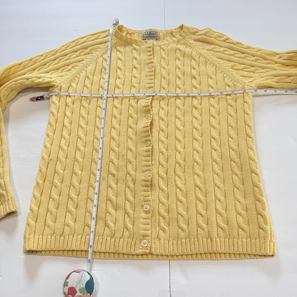 LL Bean Butter Yellow Cable Knit Cotton Button Up Cardigan Sweater Size SMALL - Image 5