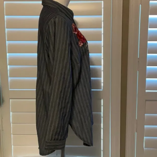 Unique Spectrum Gray Striped Button Down Shirt with Red Floral Embroidery - Image 3