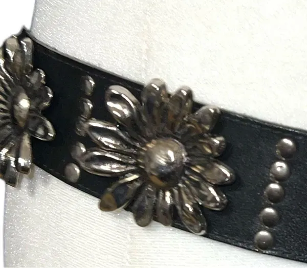 Cute black belt with silver studded detailing, cute silver metal flowers too - Image 5