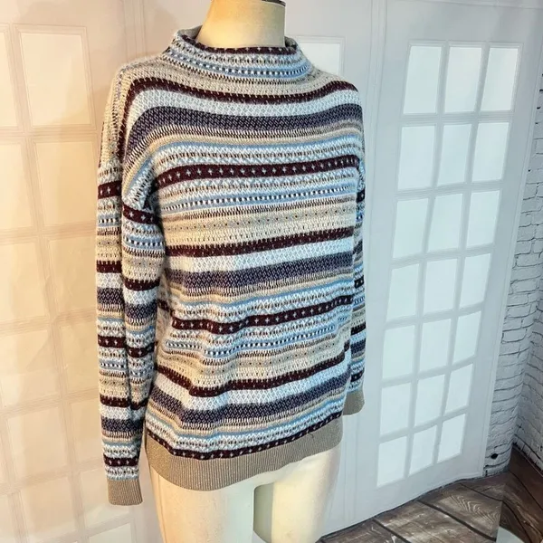 Ann Taylor Multicolor Fair Isle Silver Sparkle Funnel Pullover Sweater Small - Image 5