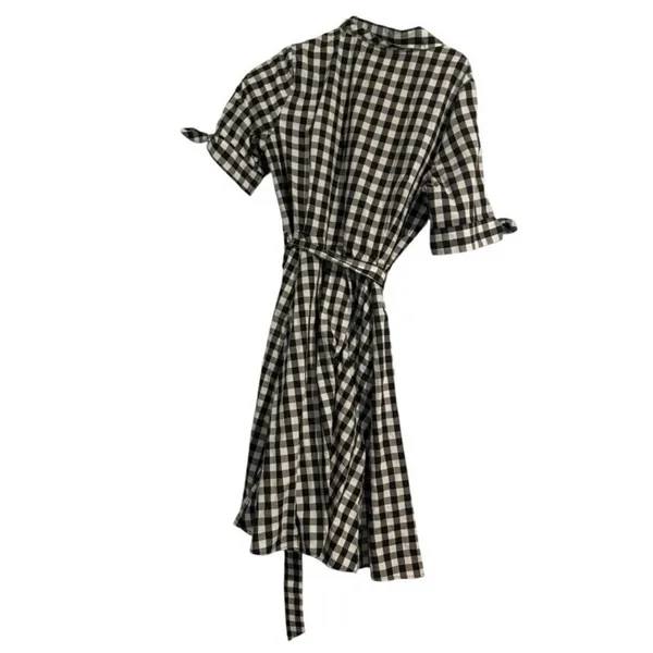 CALVIN KLEIN Black White Gingham Plaid Short Sleeve Shirt Dress Midi Belted - Image 4