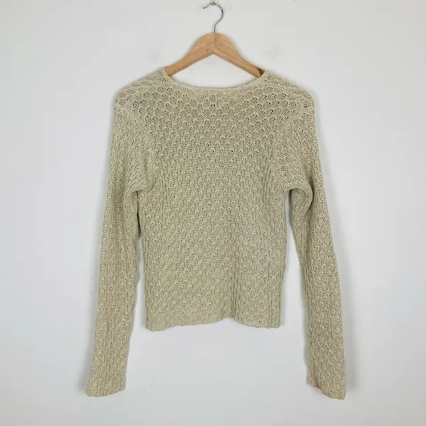 Abercrombie and Fitch tan linen blend textured knit crewneck cardigan. Large. - Image 4