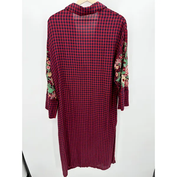 Zara Cardigan Women SMALL Red Navy Blue Plaid Button Front Maxi Dress Duster‎ - Image 2