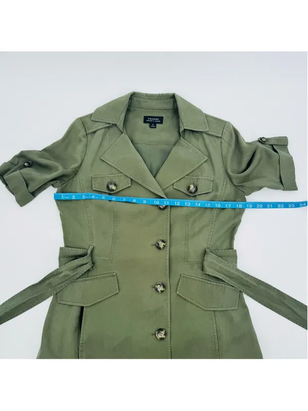Tahari Olive Midi Shirt Dress Size 6 Military Inspired - Image 7