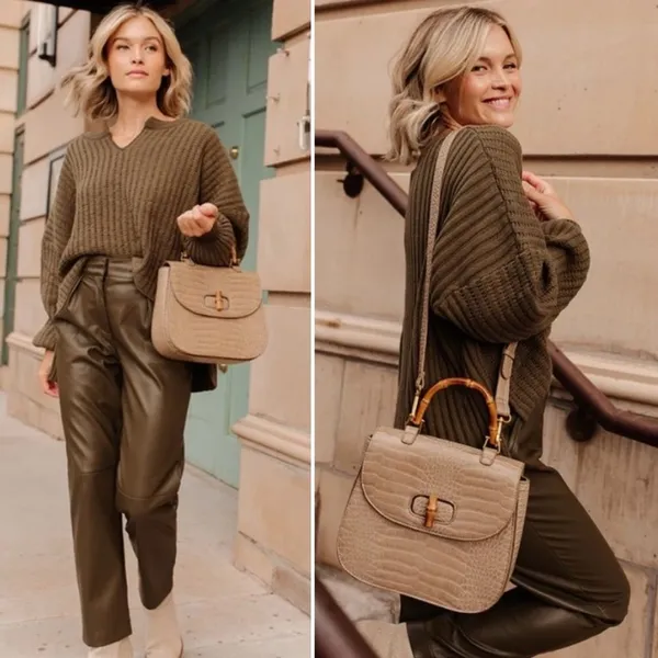 Fawn Design The Bamboo Shoulder Bag in Latte Faux Croc Purse Limited Edition NEW - Image 2