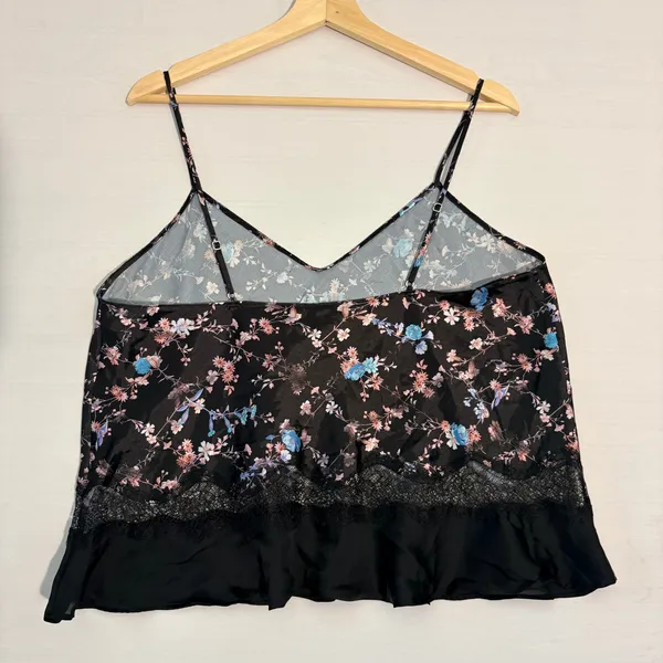Victoria's Secret Floral Satin‎ Camisole Black Lace Trim Ruffle Hem Top Large - Image 2