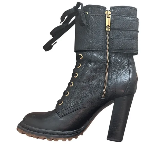 Tory Burch Combat Boots Black Leather Double Buckle Heeled Moto Size 9 - Image 7