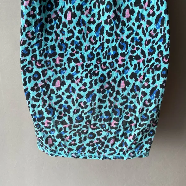 Vintage‎ Beach XS Teal Pink Leopard Off Shoulder Mini Dress Animal Print Summer - Image 11