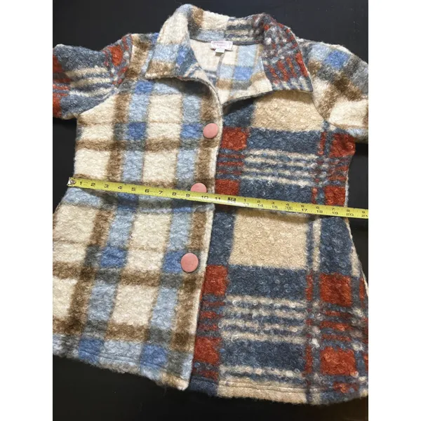 Kamana Womens Plaid Boucle Knit‎ Button Front Jacket Blue Orange Cream Large - Image 4