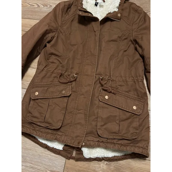 H&M Divided Brown Utility Parka Jacket Faux Shearling Lined Hooded Women Size 6 - Image 2