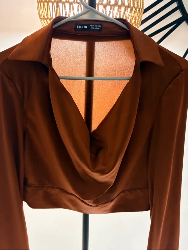 SHEIN Brown Draped Cowl Neck Long Sleeve Blouse - Image 2