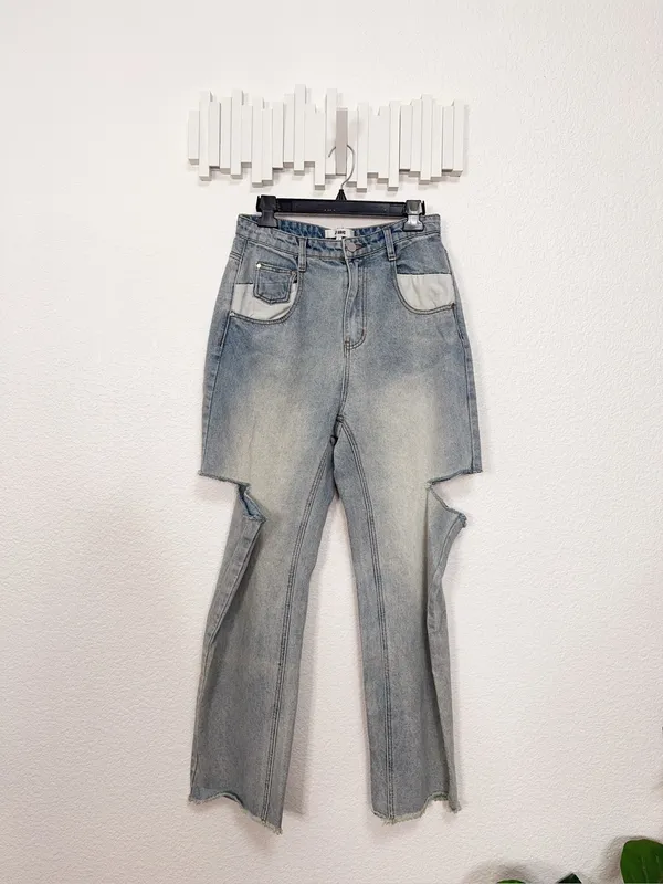 J.ING Light Wash Distressed Cutout Knee High Rise Wide Leg Jeans Raw Hem - Image 3