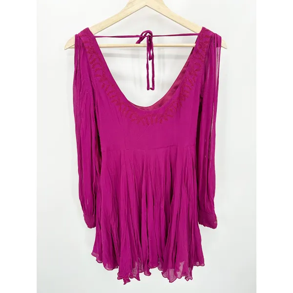 Free People Tatiana Purple Beaded Long Sleeve‎ Swing Mini Dress Women's Size 0 - Image 2