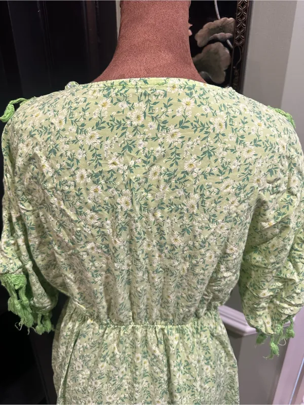 Three Stars Boho Embroidered Fringe Mini Dress – Bright Green Floral – Size S/M - Image 11