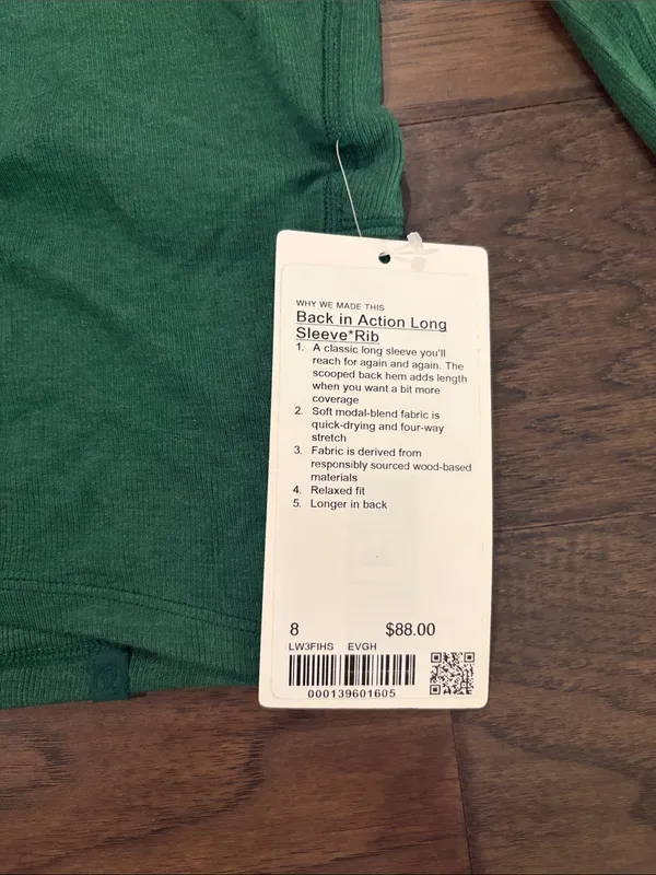 New With Tags Lululemon Back in Action Ribbed Ling Sleeve Shirt Sz 8 - Image 8