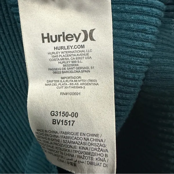 Hurley Ribbed Turquoise Long Sleeve Hooded Cropped Shirt Kangaroo Pocket Medium - Image 11