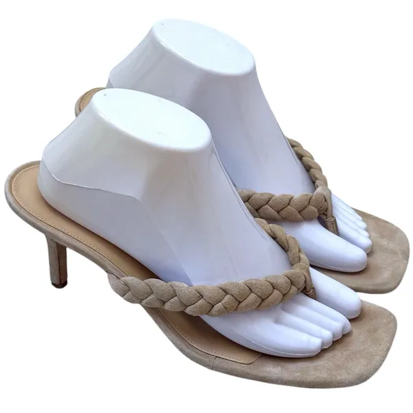 Veronica Beard Marissa Sand‎ Suede Square Toe Thong Sandal Braided Summer 9.5 - Image 6