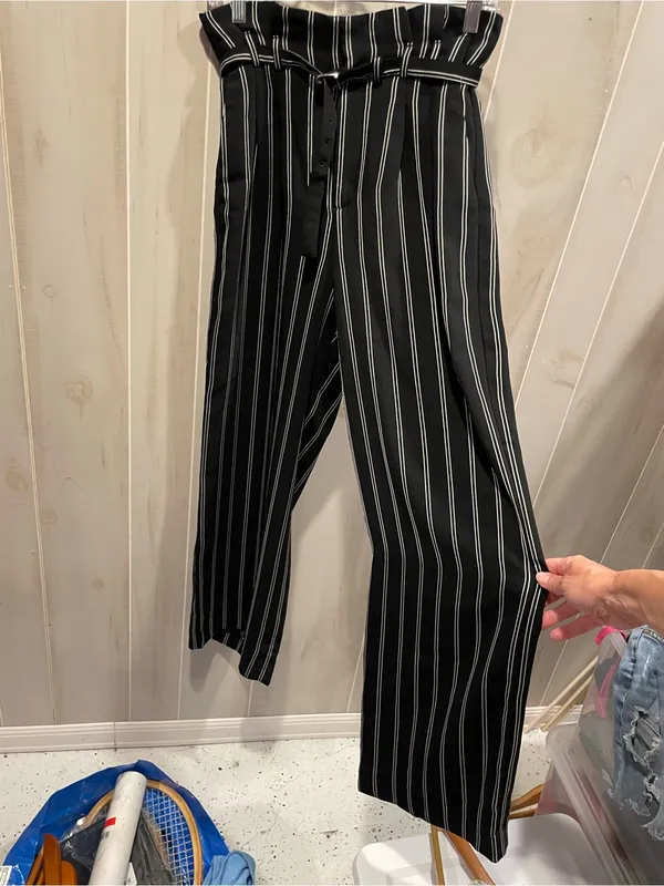 Cute classic flowy stripe paper bag waist belted pants wide leg Express office - Image 7