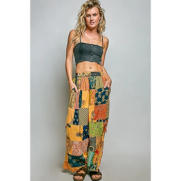 POL Printed Patchwork Wide Leg Pants with Adjustable‎ Side Drawstring - Medium - Image 5