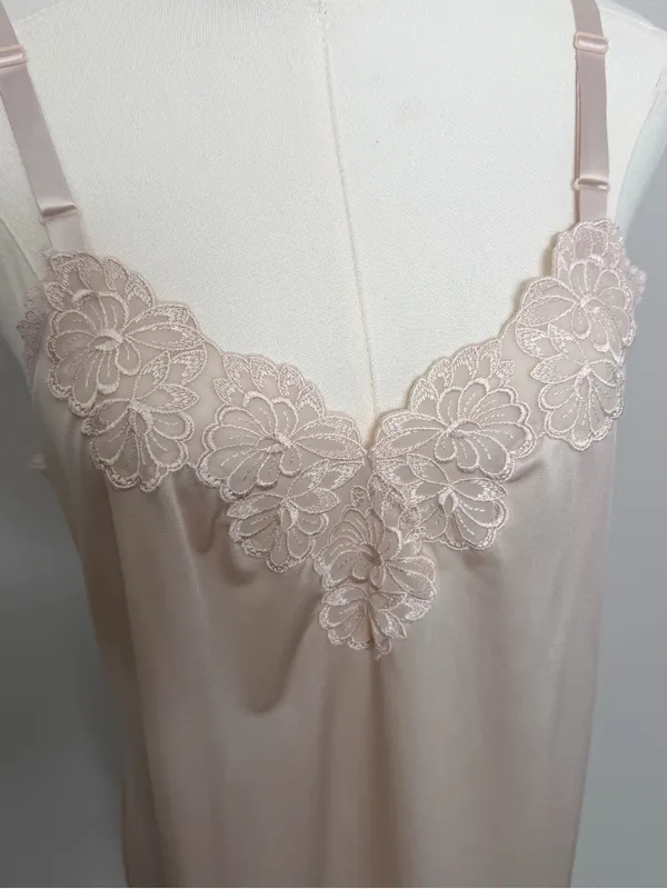 Vintage Slip Nighty Dress Mini Embroidered Flower Trim Nude Beige Blush Pink - Image 2