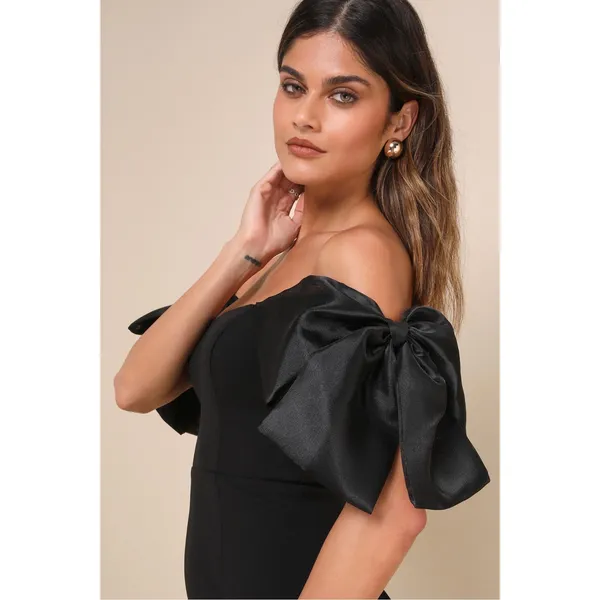 Lulus Pristine Sensation Black Bow Off-the-Shoulder Maxi Dress Size Medium - Image 3