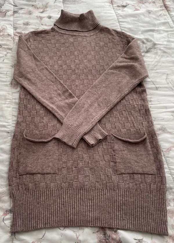 Wool Blend Brown Cable Knit Turtleneck Sweater Dress with Pockets, size M - Image 8