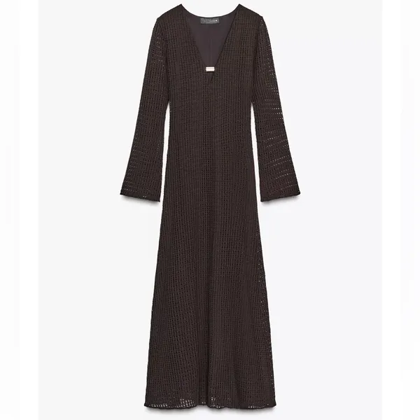 Zara NWT brown knit gold detail key hole front long sleeve midi maxi dress - Image 8