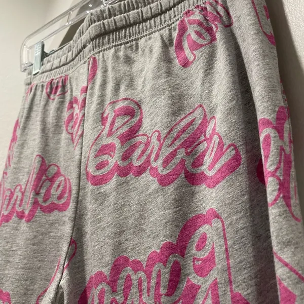 NWT Grey & Pink Barbie Logo Graphic Printed PJ Pajama Bottoms Lounge Pants - S - Image 9